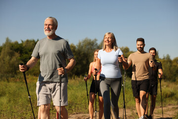Group of happy people practicing Nordic walking with poles outdoors on sunny day