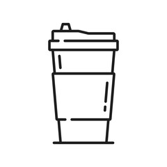 Coffee cup with lid isolated thin line icon. Vector takeout drink in plastic or glass container, hot drinks package mockup. Takeaway fastfood beverage