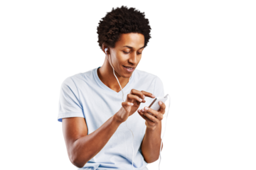 Phone, earphones and man listening to music playlist, audio podcast and scroll on song app, media or streaming site. Headphones, smartphone radio and person isolated on transparent, png background