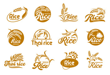 Rice icons, organic grain food and farm plant seeds package label, vector brown symbols. Natural rice product packaging icons with Thai rice ear on field for premium quality food products and cereals - obrazy, fototapety, plakaty