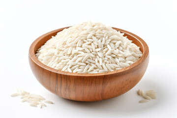 Rice grains in a wooden bowl on a white background. Generated by artificial intelligence