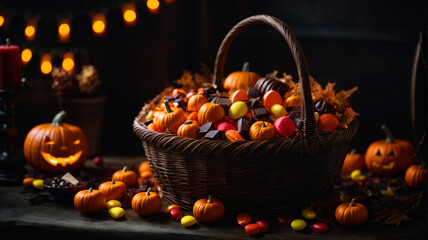 halloween treats in the basket - obrazy, fototapety, plakaty