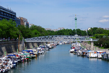 Mornay footbridge and Arsenal harbor in the 12th arrondissement of Paris city - obrazy, fototapety, plakaty