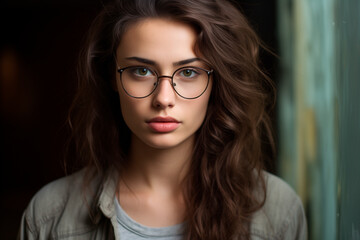 Fototapeta na wymiar a woman aged 25, wearing glasses photo. dark style