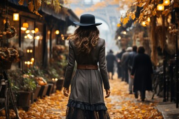 Woman walking on street in paris. AI Generated