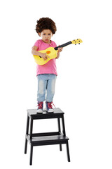 Child, portrait and guitar for music practice lesson or rhythm education, serious or isolated...