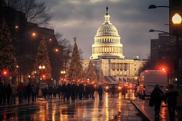Fototapeta na wymiar Capitol building with a Christmas tree in the foreground. Suitable for holiday-themed designs, travel brochures, festive greeting cards, and patriotic promotions.christmas tree in washington