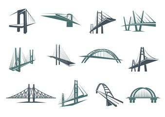 Bridge icons, vector city constructions of suspension, tied arch and cable stayed road bridges with towers, stone and metal girders. Urban architecture, bridge building and transportation symbols - obrazy, fototapety, plakaty