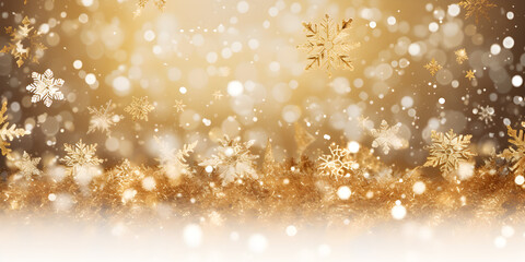Christmas golden background with snowflakes and bokeh lights,Golden Festivities: Christmas Background with Snowflakes and Bokeh Lights