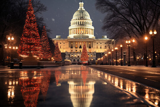  Capitol building with a Christmas tree in the foreground. Suitable for holiday-themed designs, travel brochures, festive greeting cards, and patriotic promotions.christmas tree in washington