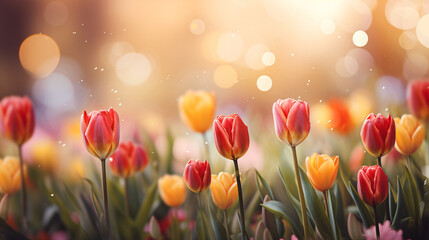 Tulip Bloom Year-End Festivities Web Banner with Red and Yellow Tulips, Soft Focus Light, and Bokeh Background.