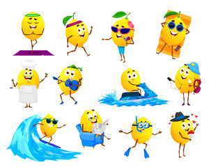 Cartoon lemon characters. Summer vacation beach leisure tropical citrus fruit comical personage, funny lemon sunbathing and surfing on beach, diving, traveling and running isolated vector mascot