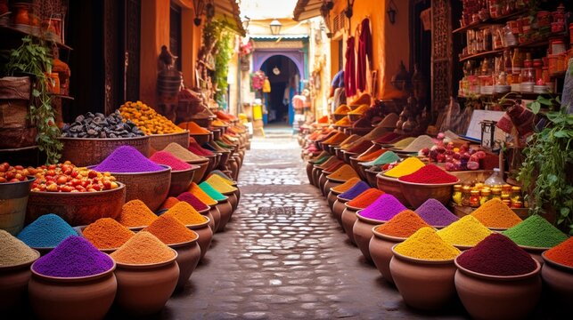 The vibrant colors of a Moroccan souk in Marrakech, with spices, textiles, and traditional lanterns on display.
