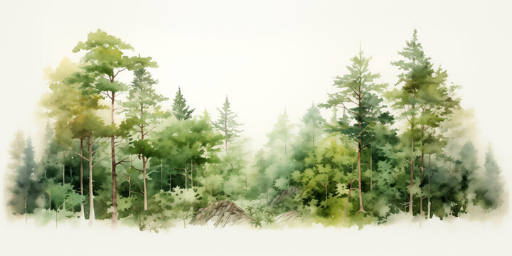 Watercolor illustration of forest and trees isolated on white background
