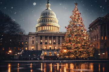  Capitol building with a Christmas tree in the foreground. Suitable for holiday-themed designs, travel brochures, festive greeting cards, and patriotic promotions.christmas tree in washington - obrazy, fototapety, plakaty