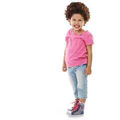 Child, smile and portrait for fashion or kid clothes for style sneakers, cool trends or isolated on transparent png background. Girl, student youth and face happy for fun development, casual or pose