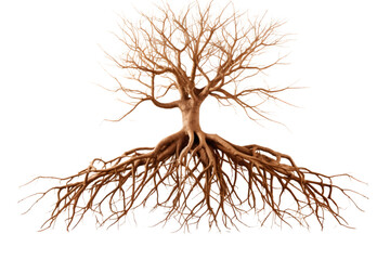 Roots of a tree isolated on white background. Generative AI.