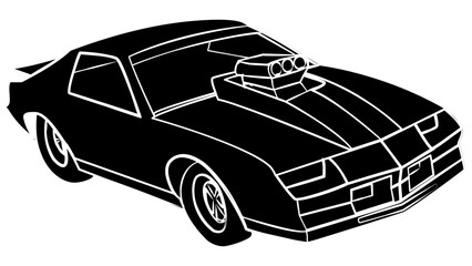 Naklejka premium Silhouette of isometric muscle car for drag racing with large racing carburetor on the hood isolated on white. Clipart.