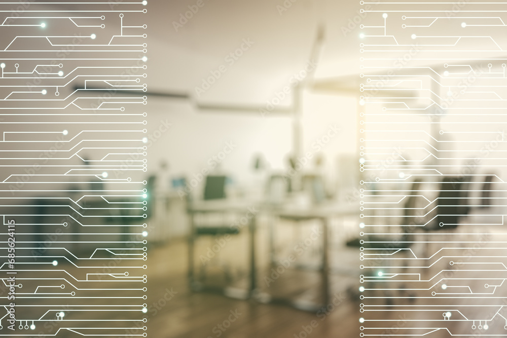 Aufkleber abstract virtual micro circuit sketch on a modern furnished office interior background, future techn