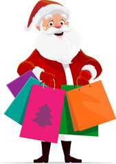 Cartoon Christmas Santa Claus staying with shopping bags, filled with festive surprises, embodying the spirit of holiday cheer, generosity and gift-giving. Isolated vector father Noel buying gifts