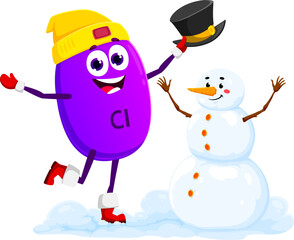 Cartoon Chlorine mineral character with snowman on Christmas winter holiday, vector micronutrient. Funny Chlorine or Cl mineral pill in playing with snowman for New Year or Christmas greetings