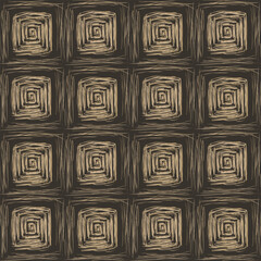 Obraz premium Tribal square spiral endless tile pattern in dark earth tones. Brown scratched geometric background
