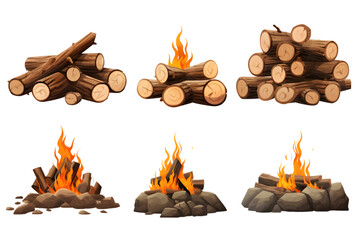 Set of campfire sprites burning wooden logs and camping stones flat illustration. Generative AI.