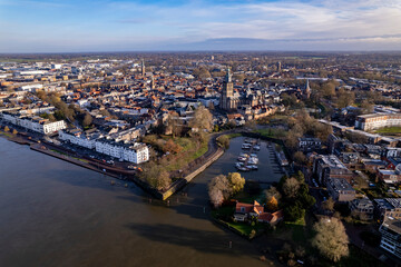 Boulevard countenance seen from above during high water levels of river IJssel in Zutphen, The...
