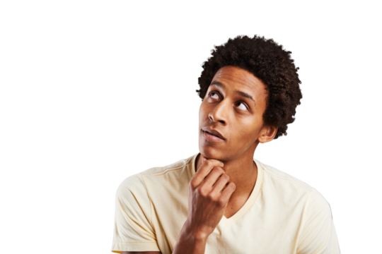 Face, thinking and problem solving with a young black man isolated on a transparent background. Question, vision and idea with a confident person on PNG while looking to the future for planning