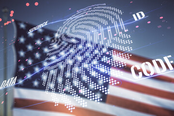 Double exposure of virtual creative fingerprint hologram on US flag and blue sky background, protection of personal information concept