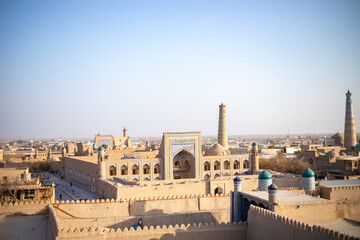 view of a historical buildings from a top, Khiva, the Khoresm agricultural oasis, Citadel.