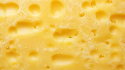Close-up of cheese slice structure with holes. Food background. Generative AI