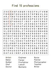 Printable Word Searches . Word search puzzles.  Crossword Find 15 professions (jobs). Worksheet for class or at home with the kids. A4 size. Vertical orientation.