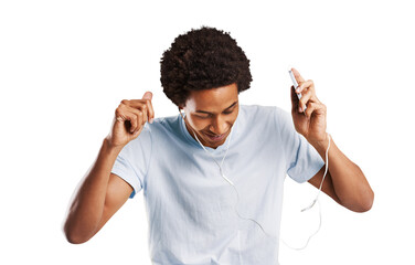 Earphones, dancing and young black man with music, playlist or album for entertainment. Happy, fun...