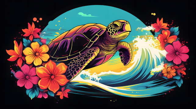 Vibrant Sea Turtle and Tropical Flowers with Surf Wave Background in Vector Style