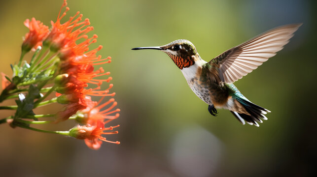 Hummingbird Hovering Near Orange Flowers Nature Wildlife Photography