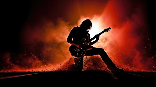 A guitar player making rock during concert. Rock band performs on stage. Guitarist plays solo.