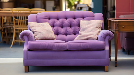 Elegant Purple Tufted Sofa with Pillows in Home Interior Setting