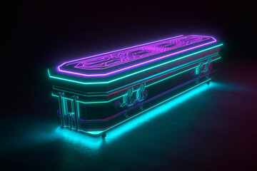 A coffin with a neon effect. Burial ceremony. Funerals Ritual services. - obrazy, fototapety, plakaty