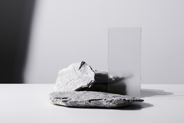 Flat stone pedestal and rectangular glass, black and white template, banner background. Minimalism...