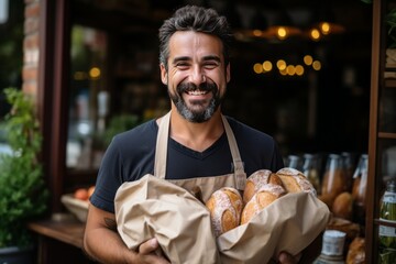 A bread seller stands at a counter near a store with bakery products