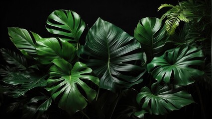 Fototapeta premium tropical green leaves in dark background