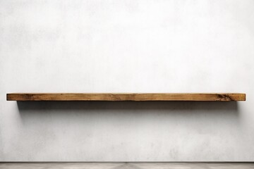 Wooden shelf over white concrete wall background. generative ai.