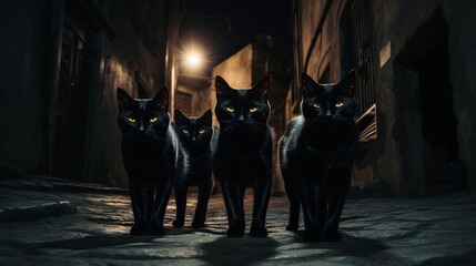 Group of creepy black cats walking on dark alley