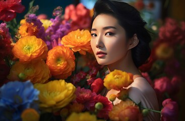 Beauty model with multicolored blossom flower bouquet. Stunning lady among vibrant blooming flowers. Generate ai