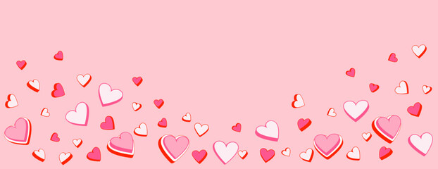 Background with pink hearts. Set of vector illustration cute hearts. Cartoon hearts. Horizontal border with copy space. Suitable for email header, post in social networks, advertising
