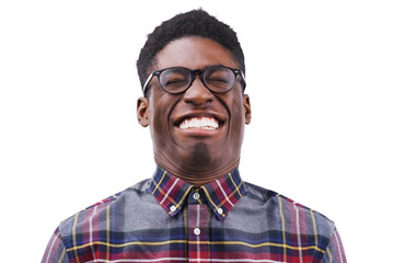Teeth, funny face and glasses with a black man isolated on a transparent background for comedy or...