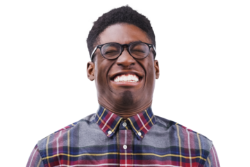 Teeth, funny face and glasses with a black man isolated on a transparent background for comedy or humor. Expression, eyes closed and eyewear with a young person in a checkered shirt joking on PNG