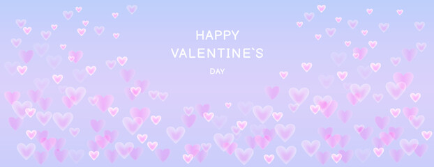 Banner happy Valentine’s day. Vector illustration glowing, smooth, smoke hearts on a blue background. Horizontal border with copy space. Suitable for email header, post in social networks, advertising