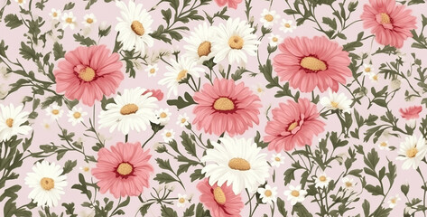 Fototapeta na wymiar Rose and daisy pattern banner wallpaper simple background, seamless pattern with flowers, seamless floral pattern. Generative Ai content